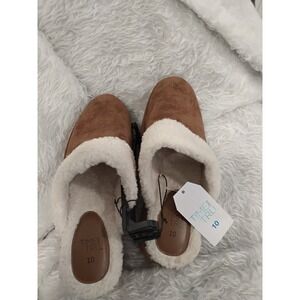 Time and Tru Womens Platform Mule Slippers Chestnut Brown Faux Fur Clogs Size 10